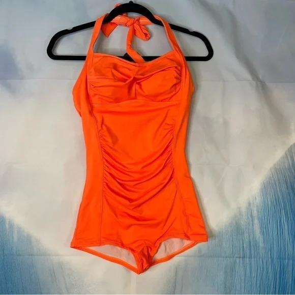 Women's One Piece Tummy Control Swimwear Boyleg Ruched Swimsuit Orange Small - Picture 2 of 8